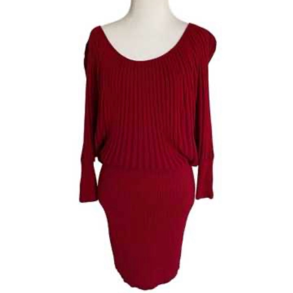 Cache Women's Sweater Dress Size M Red Bodycon Ribbed  Sheath Boat‎ Neck